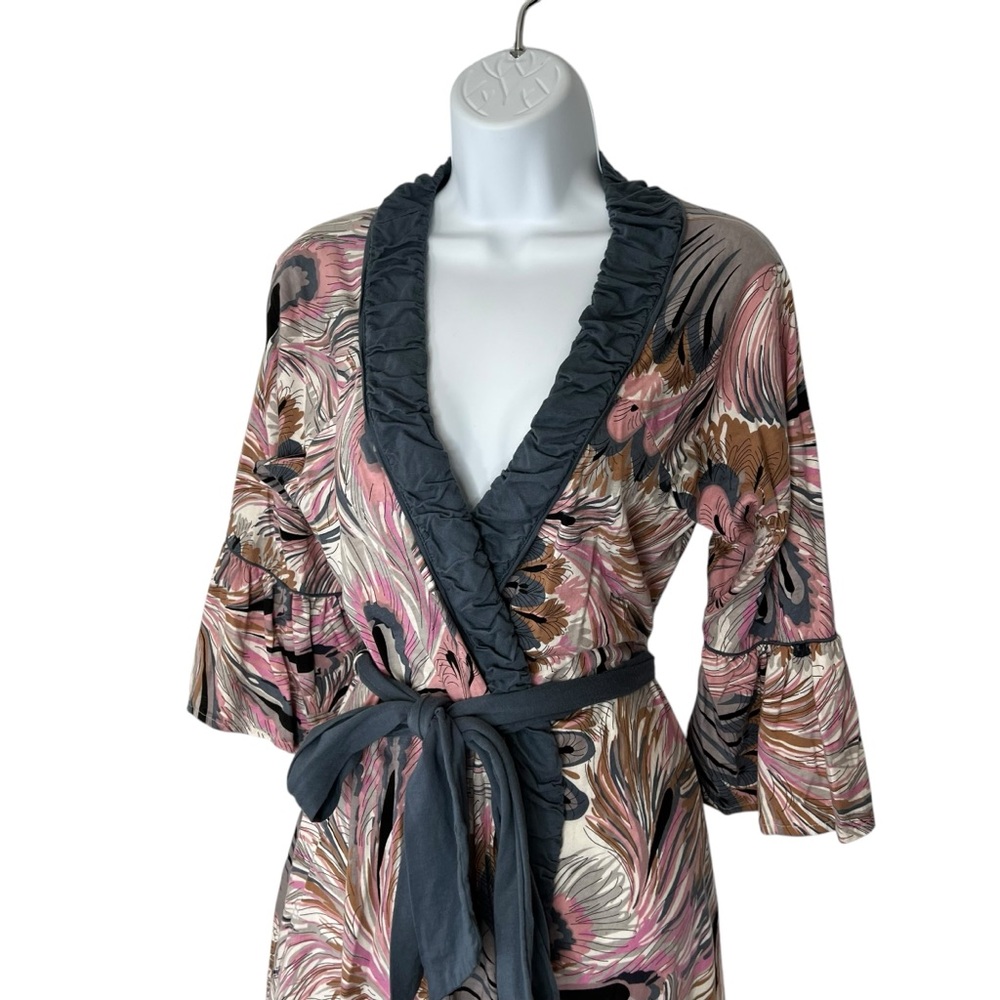 Women's Printed Short Robe with Ruffle Trim - Pink Multi - Picture 5 of 15